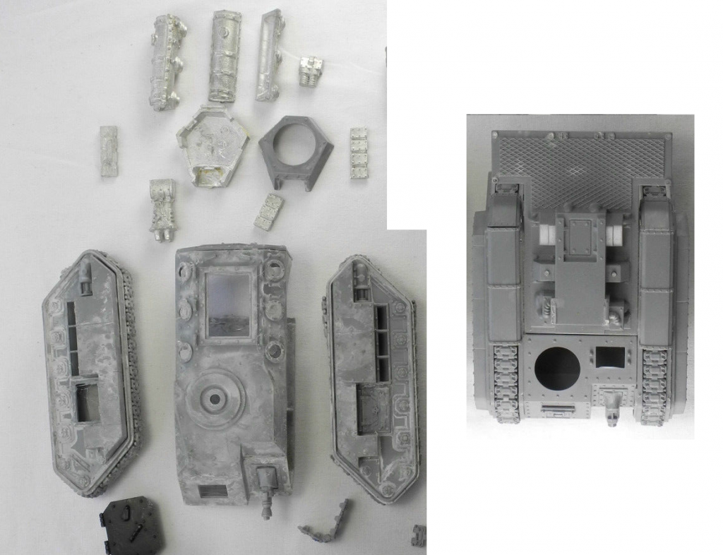 Unassembled parts of original Hellhound (left) and Basilisk (right). I moved the track covers from the Basilisk to the Hellhound to cover up missing tank track links.