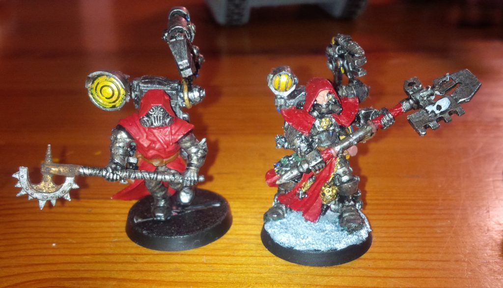 Chaos Cultists converted to techpriest (left), and stock Techpriest from Games Workshop (right)